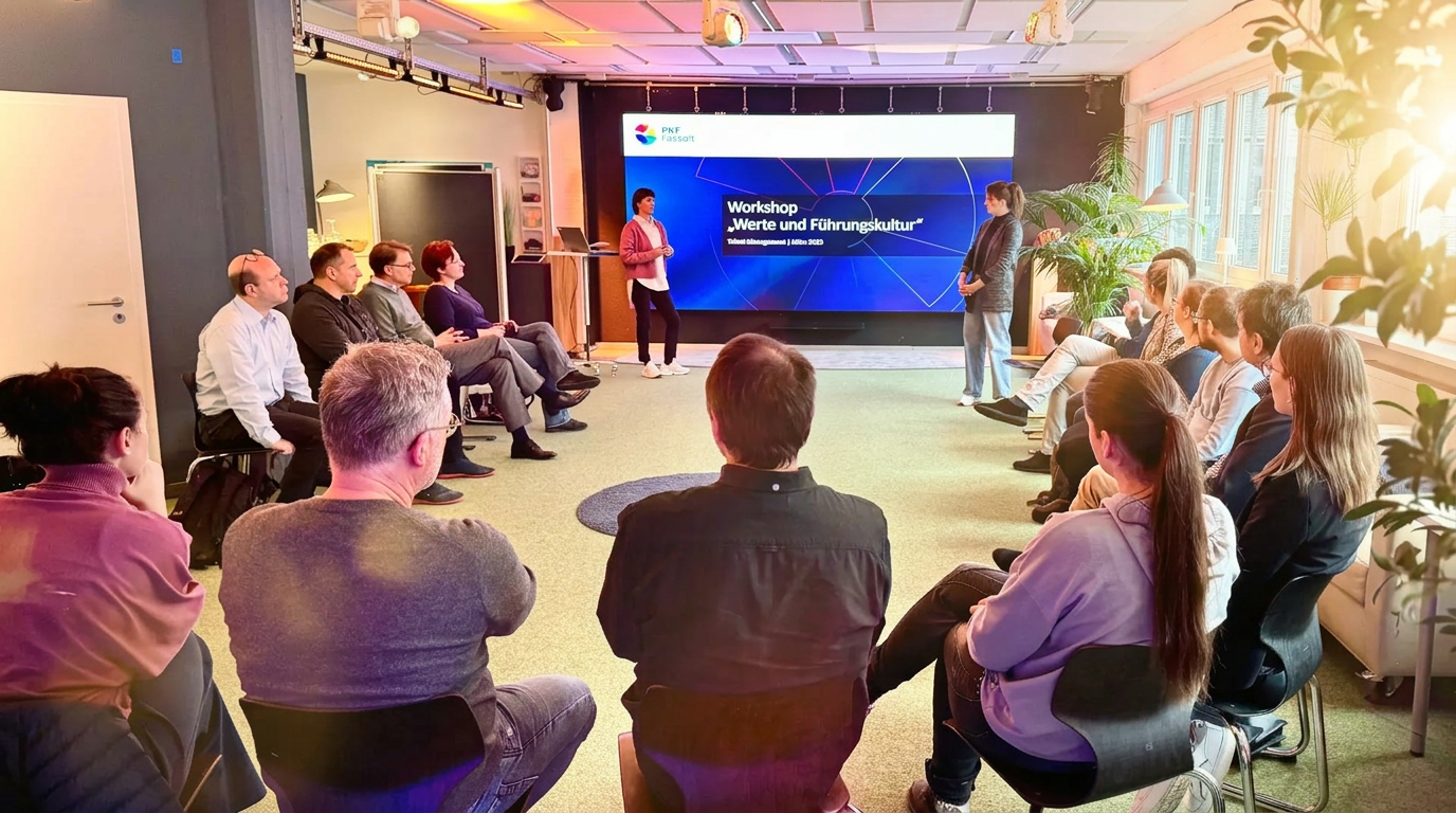 Trainerin im Führungskräfte-Workshop im Prismeo LAB – atmosphärische Runde vor LED-Wand