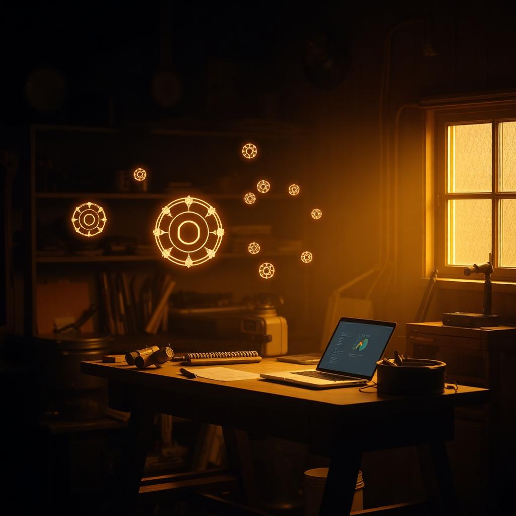 Editorial scene: warm beleuchteter Werkstatt-Schreibtisch mit Laptop und Werkzeugen, abstrakte KI-Symbole schweben dezent darüber.