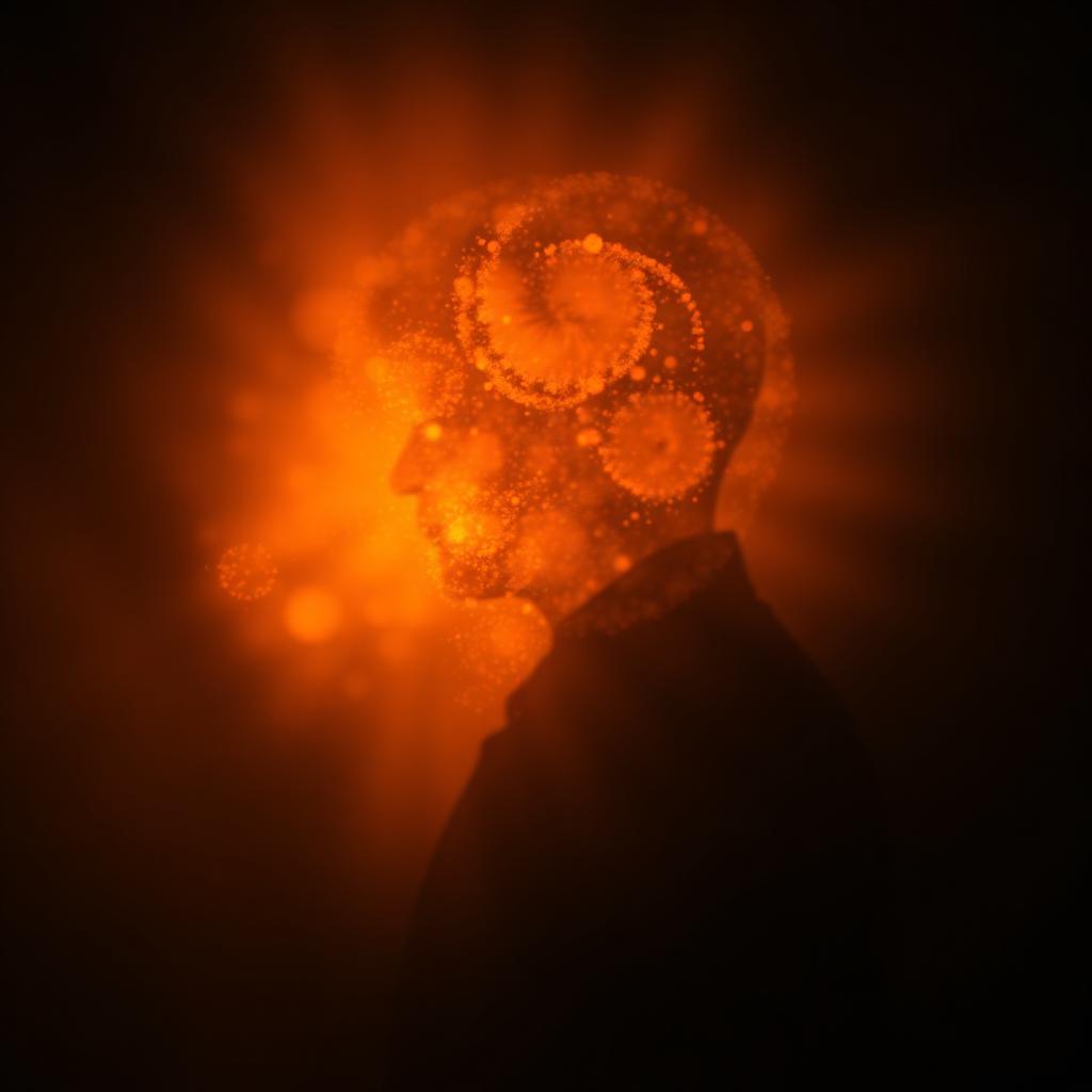 Editorial scene: abstrakte Diffusionswolke aus warmen Goldpartikeln, die sich zu einer angedeuteten Silhouette formen – sinnbildlich für generative Bild-KI.