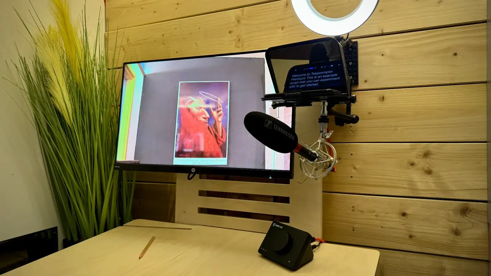 Box – Detailaufnahme des Produktions-Setups in der Box: Monitor, Mikrofon, Teleprompter und Audio-Interface