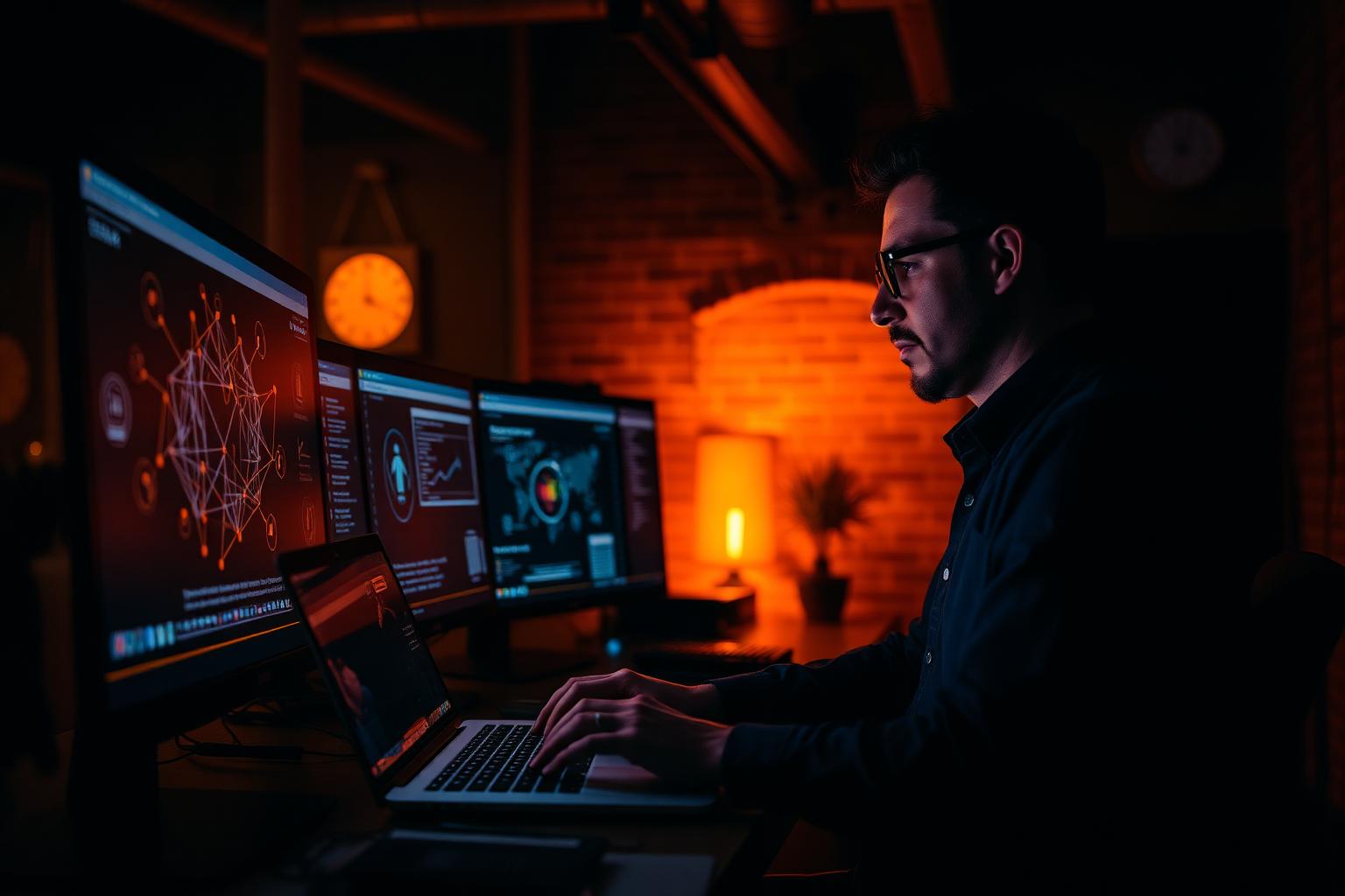 Innovator in einem dunklen, warm beleuchteten Loft-Arbeitsplatz mit mehreren Bildschirmen, auf denen abstrakte KI-Visualisierungen und eine Suchoberfläche zu sehen sind.
