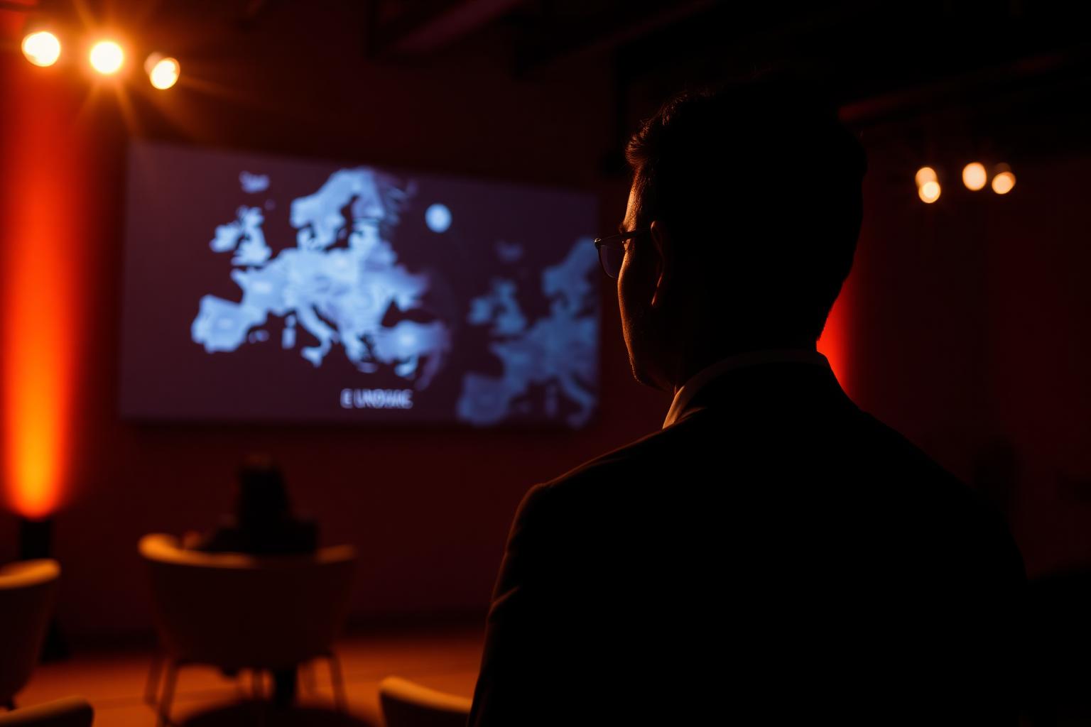 Editorial scene: Silhouette eines Investors vor einer dunklen Bühne, im Hintergrund leuchtet eine abstrakte Europakarte auf einer Projektion.