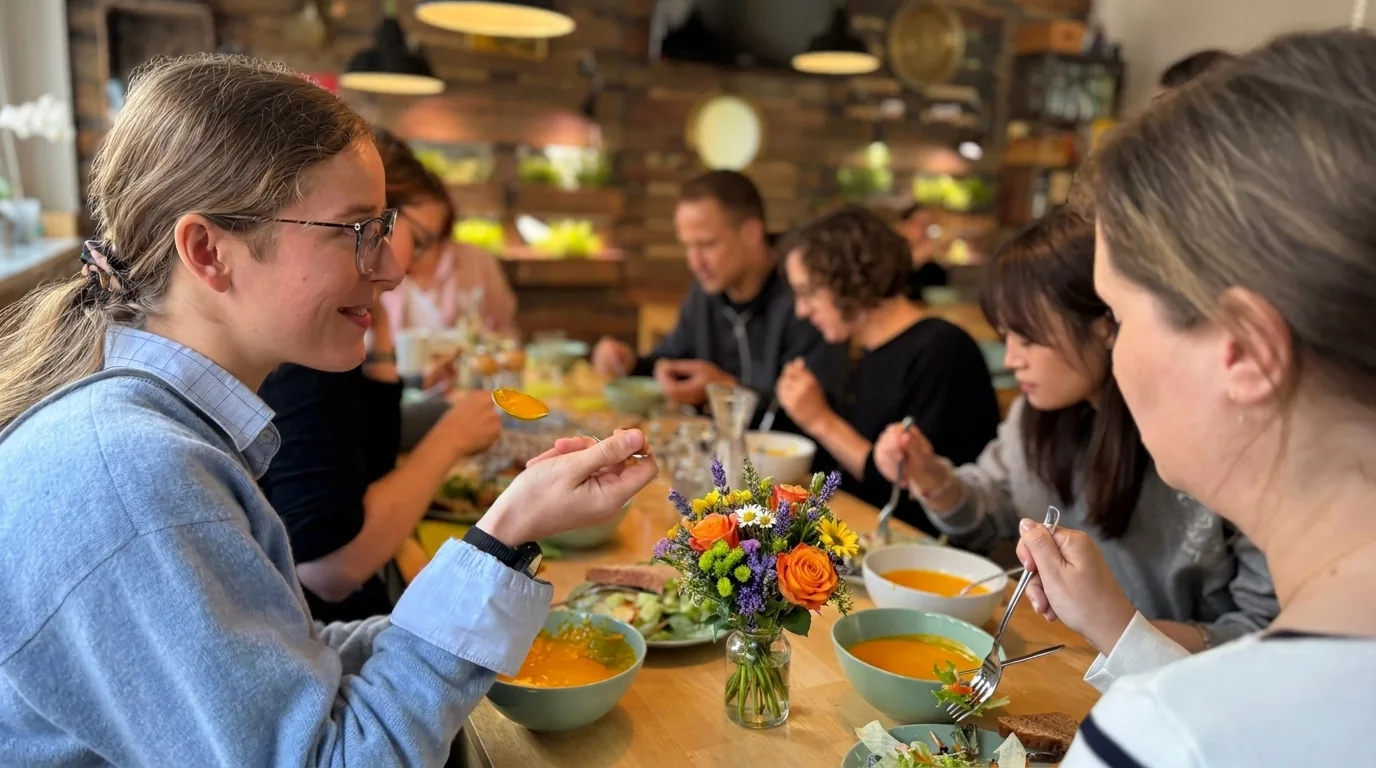 Meet & Eat in der Hongkong Kitchen – gemeinsames Essen am langen Holztisch im Prismeo LAB Hamburg HafenCity