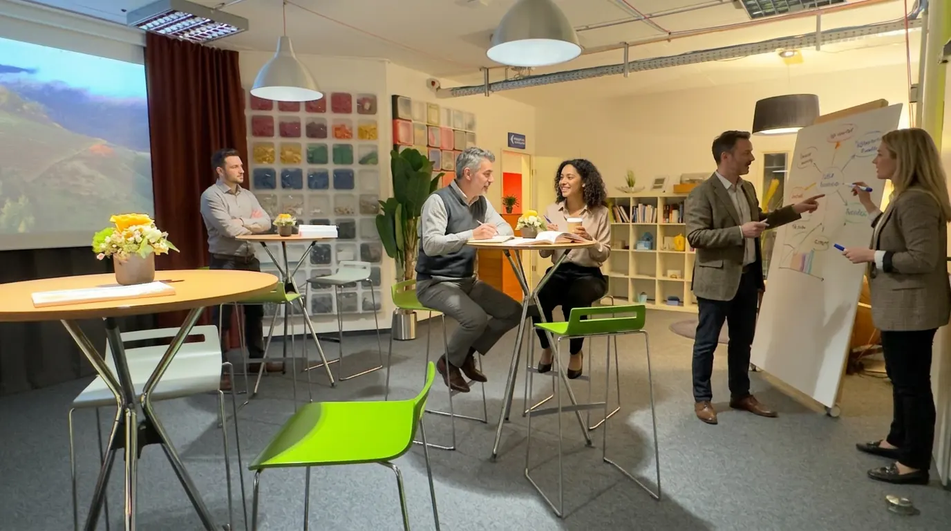 Gruppenarbeit im Idealab am Whiteboard während eines Workshops