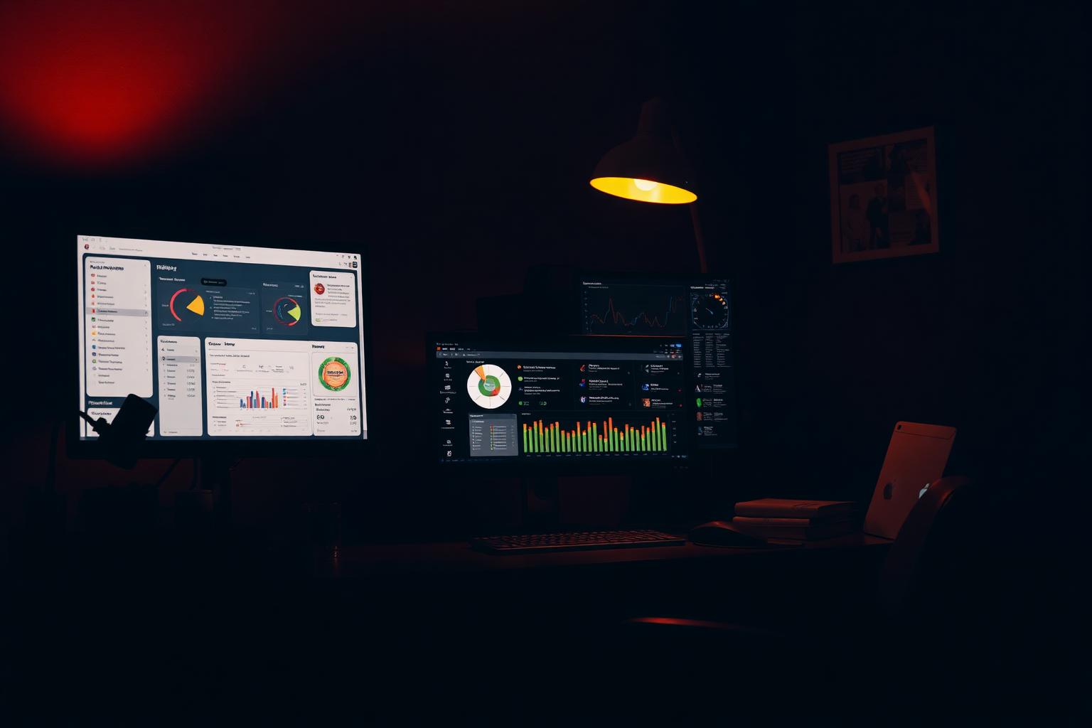 Editorial scene: aufgeräumter dunkler Schreibtisch mit mehreren Bildschirmen, abstrakten Dashboards und warmer Schreibtischlampe.