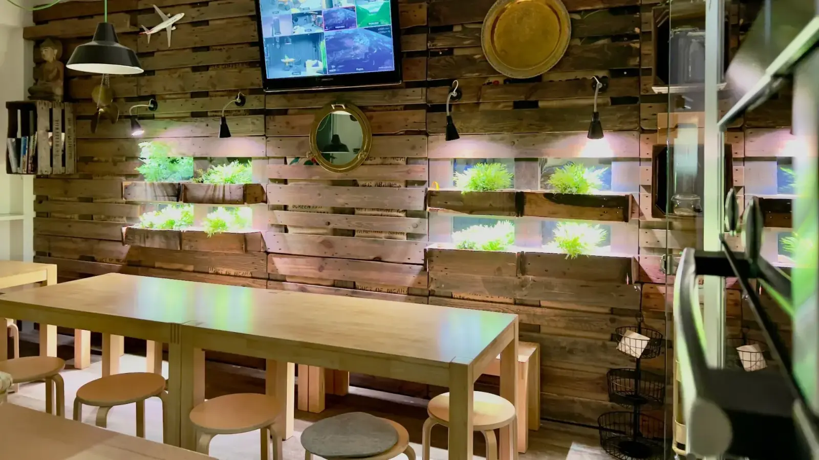 Kitchen – Palettenwand mit beleuchteten Kräuterboxen in der Kitchen