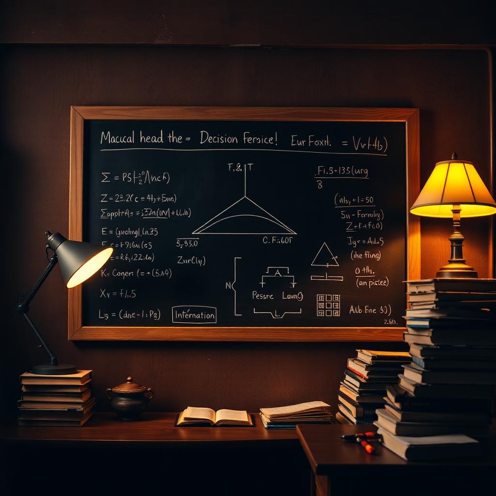 Editorial scene: dunkle Studierstube mit Tafel, mathematischen Formeln und warm leuchtender Schreibtischlampe.
