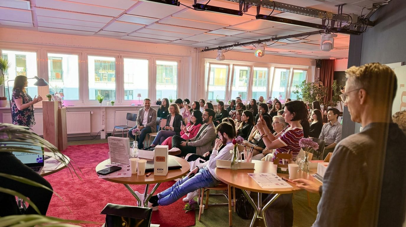 Showroom – Publikum im Showroom des Prismeo LAB bei einer Keynote – gefüllte Stuhlreihen, helle Atmosphäre und Tageslicht durch die Fensterfront