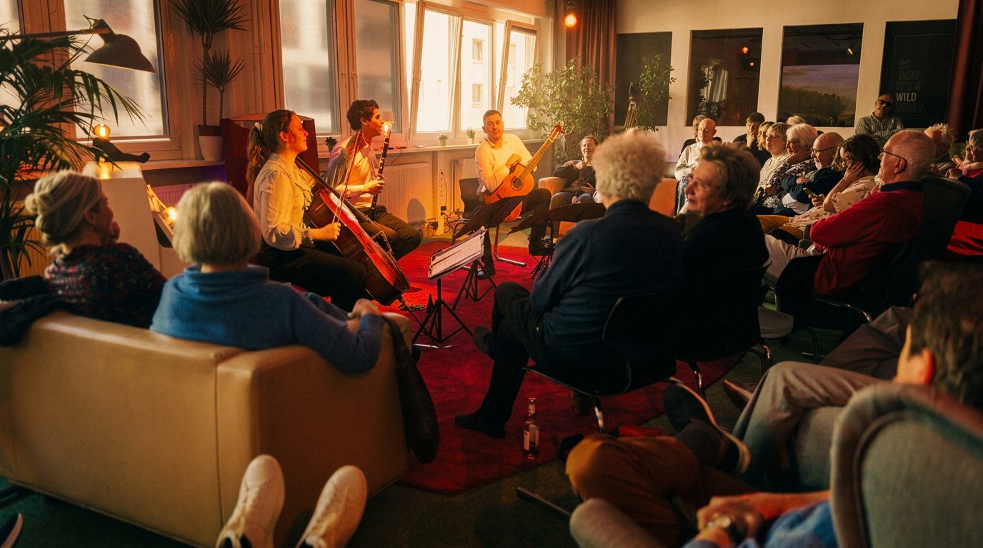 Showroom – Intimes Sofakonzert im Showroom des Prismeo LAB – Musiker mit Cello, Klarinette und Gitarre vor einem Publikum in warmem, atmosphärischem Licht