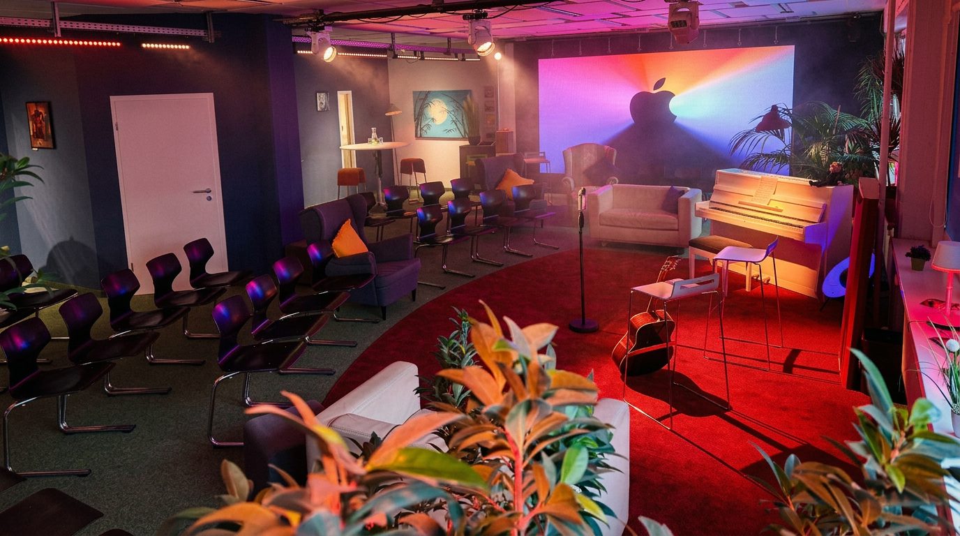 Showroom – Showroom im Prismeo LAB als Sofakonzert-Bühne mit Klavier, Loungesesseln, Reihenbestuhlung und stimmungsvoller LED-Wand