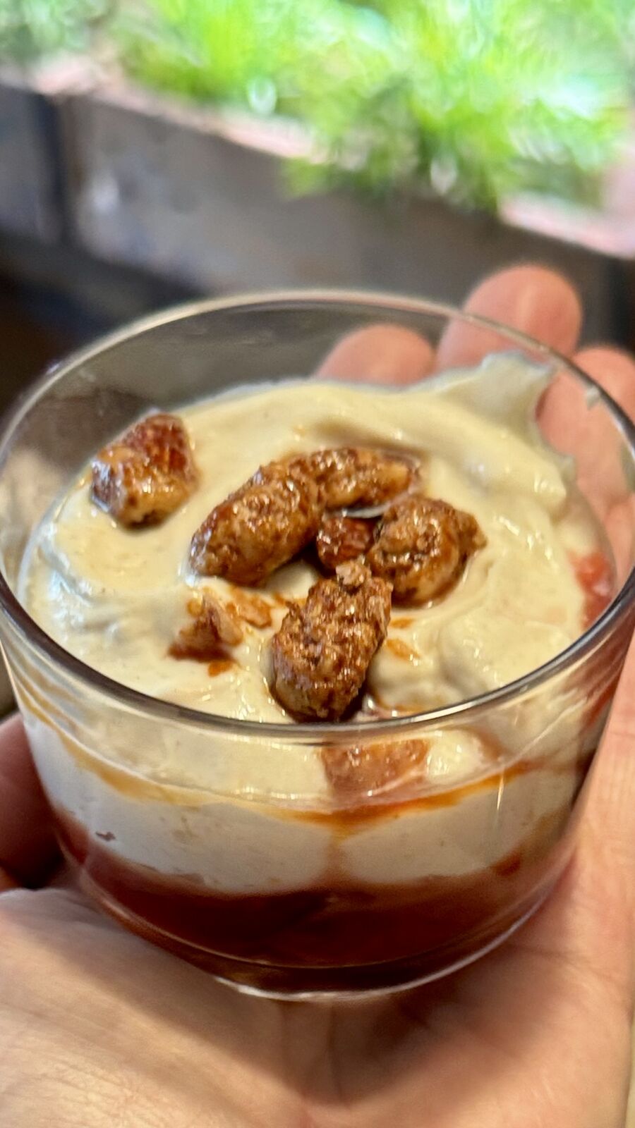 Dessert im Glas mit Creme, Karamellsauce und karamellisierten Nüssen, nah aufgenommen