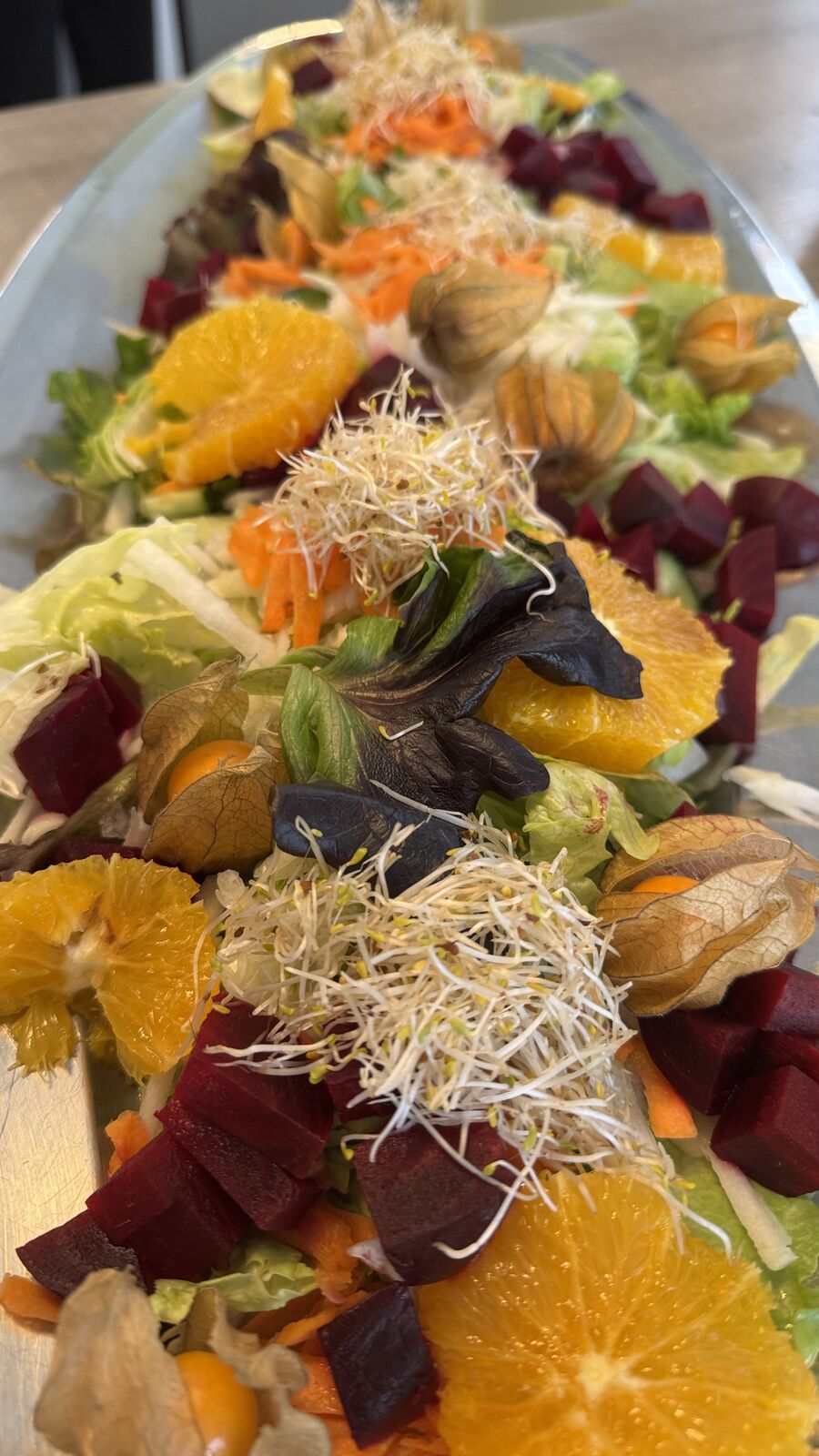 Bunter Salat mit Orangen, Roter Bete, Physalis und Sprossen