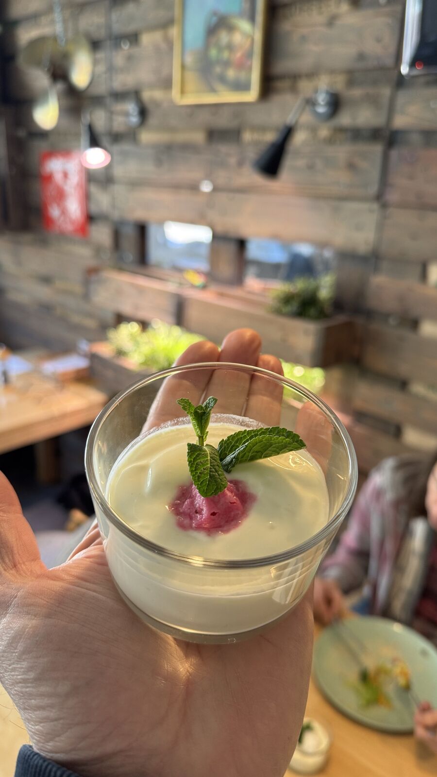Dessert im Glas mit Minze und Fruchtpüree in der Hand