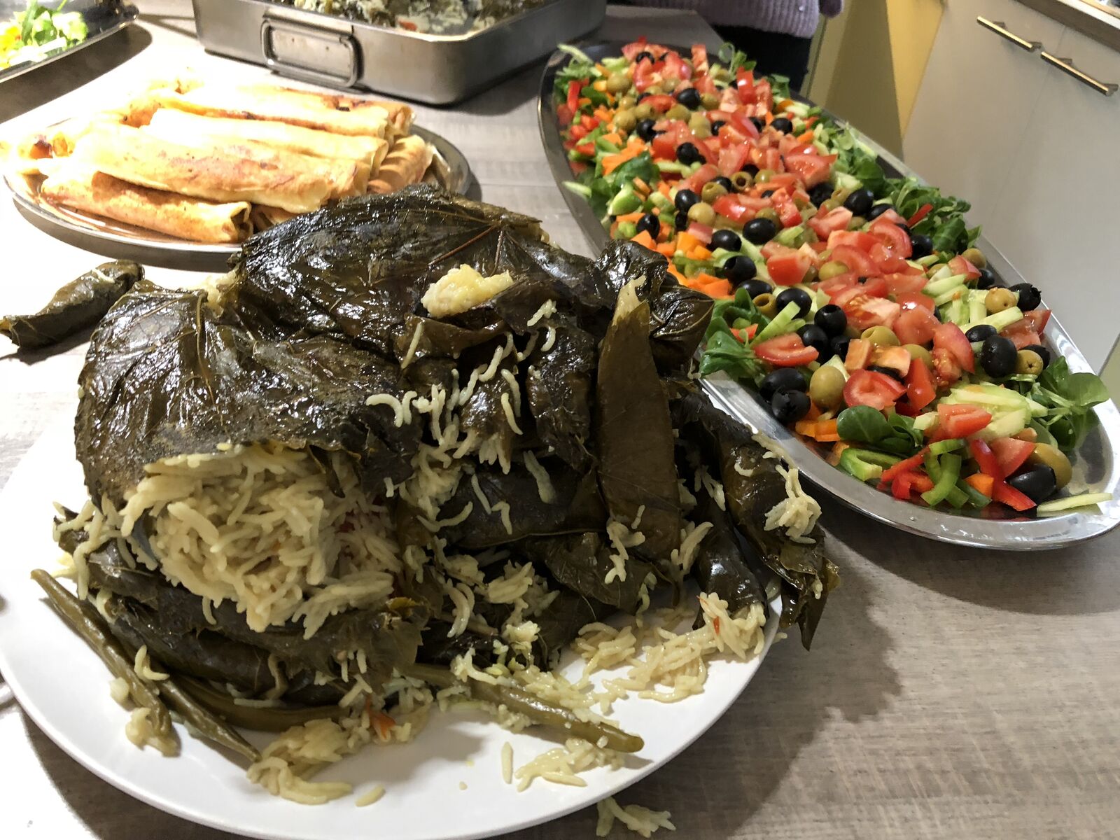 Verschiedene Speisen für ein Buffet, darunter gefüllte Weinblätter und ein Salat.