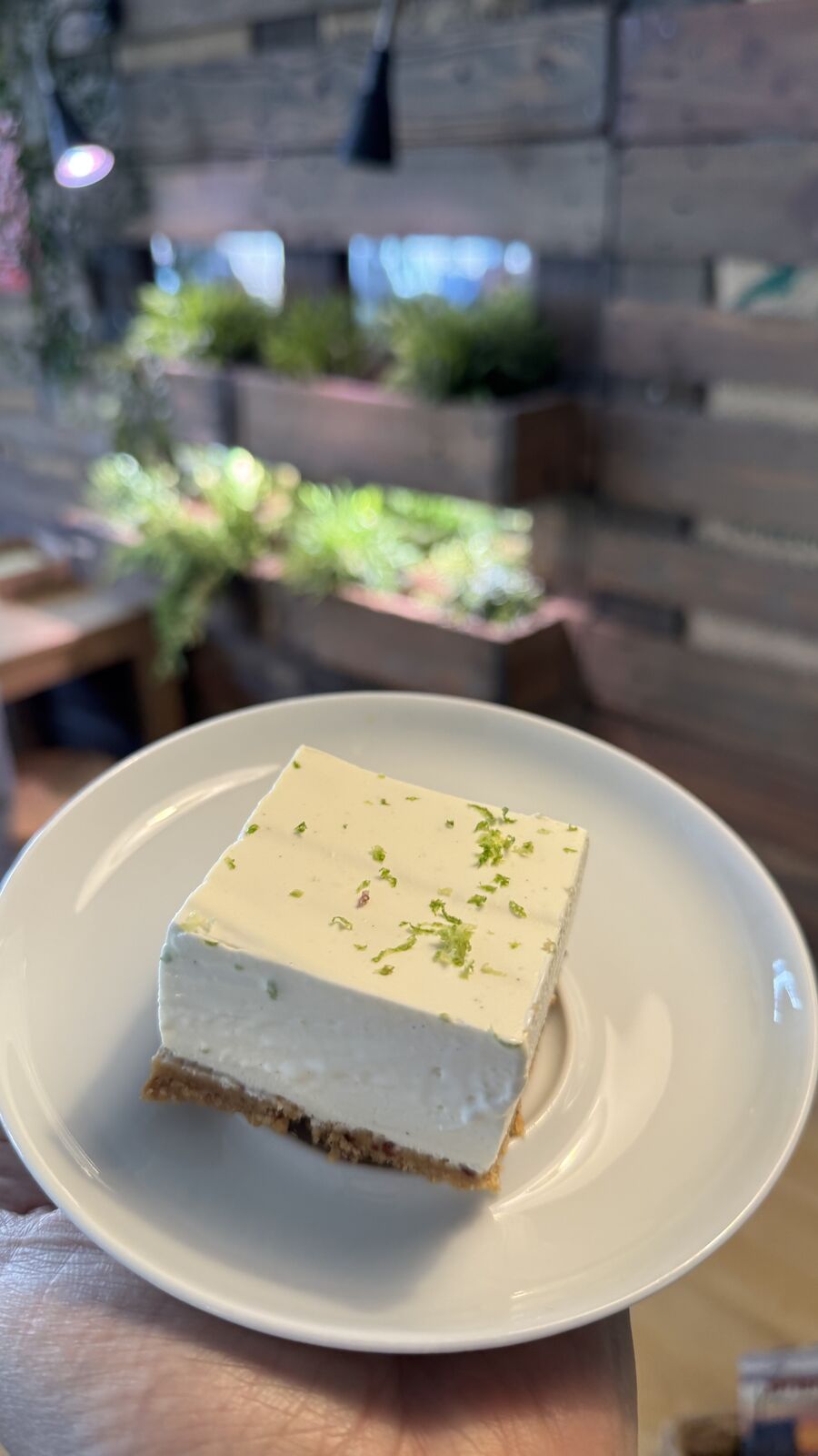 Dessertstück auf einem weißen Teller von oben fotografiert mit Limettenzesten