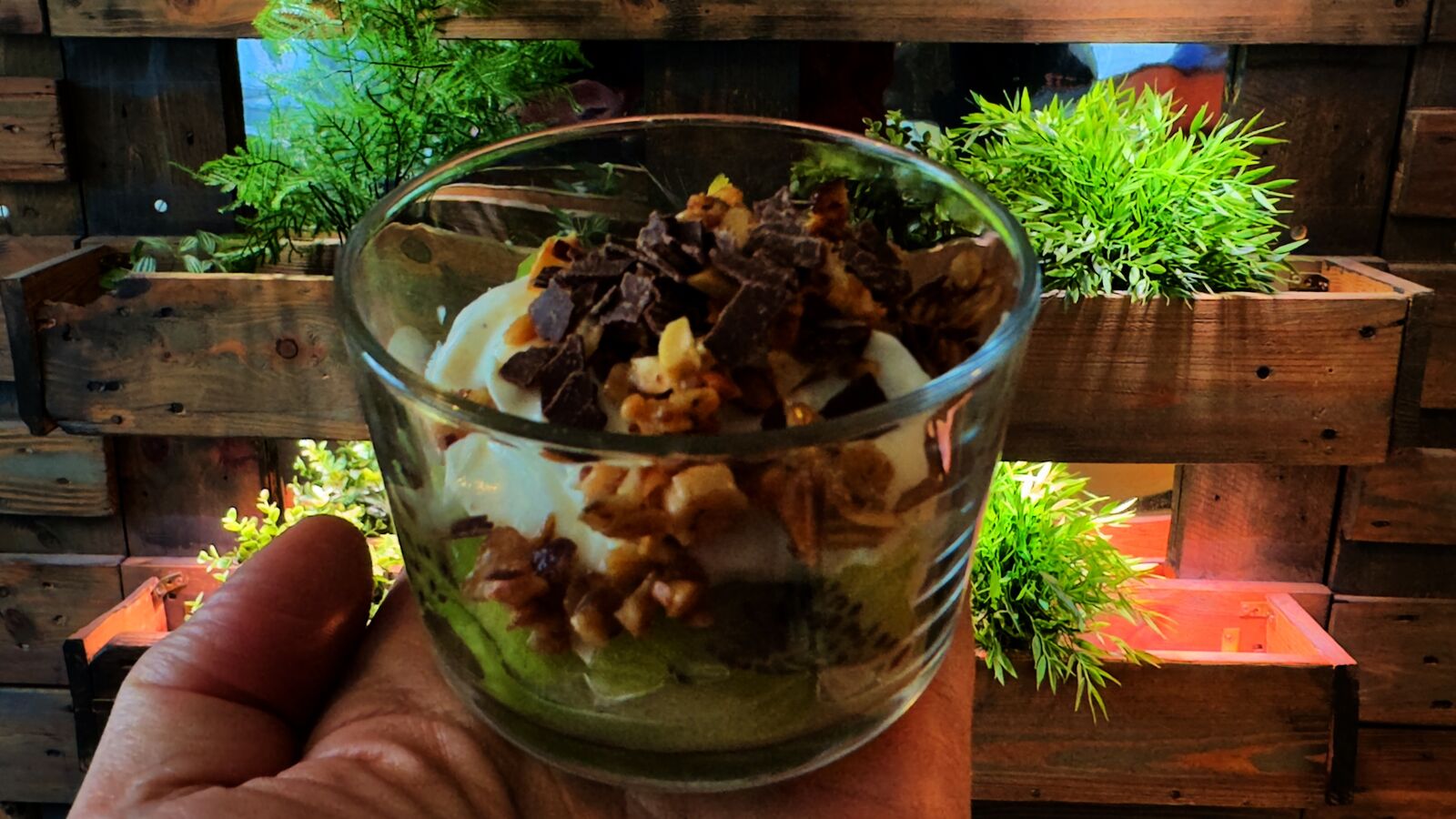 Dessert im Glas mit Kiwi, Creme, Schokostückchen und Nüssen