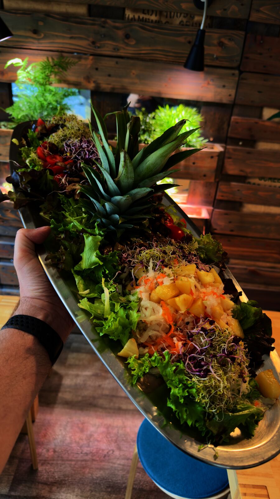 Langer Teller mit verschiedenen Salaten, Ananas, Sprossen und Rotkohl in modernem Ambiente.