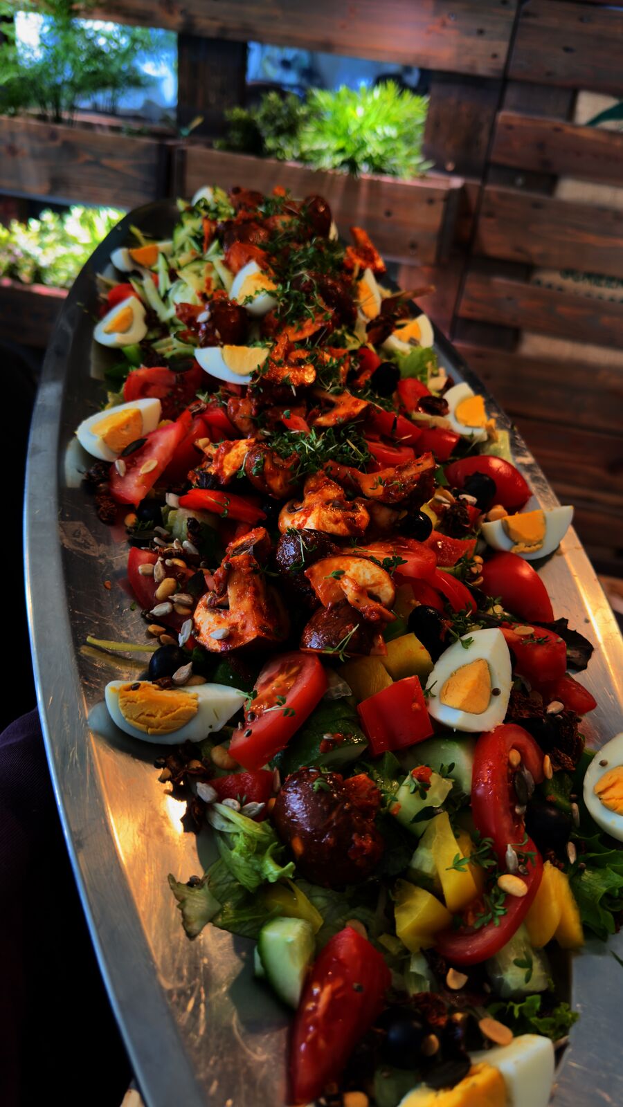 Bunter Salat mit Pilzen, Tomaten, Gurken, Paprika, Oliven und Eiern auf einer Anrichte.