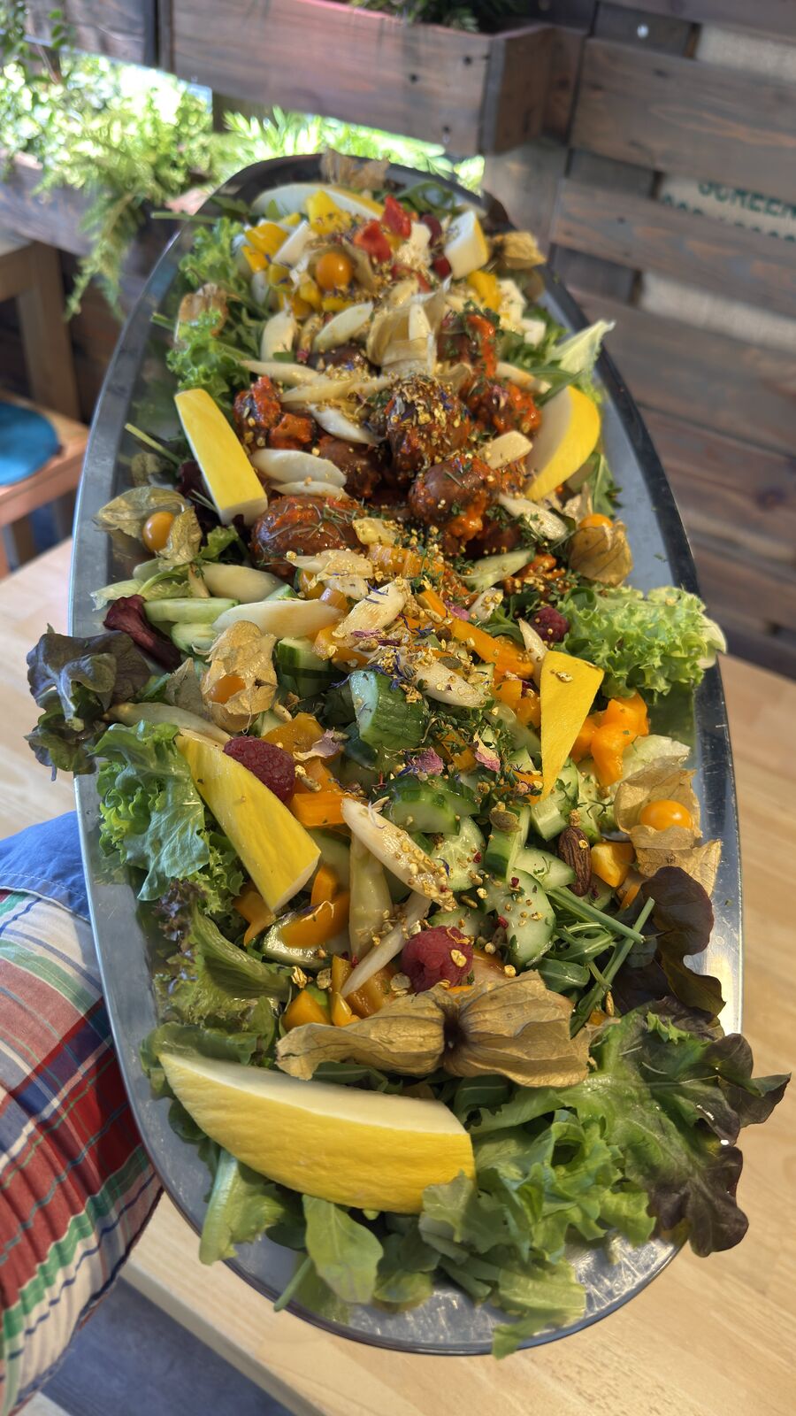 Buntes Salatbuffet mit Früchten, Gemüse und Fleischbällchen als Catering.