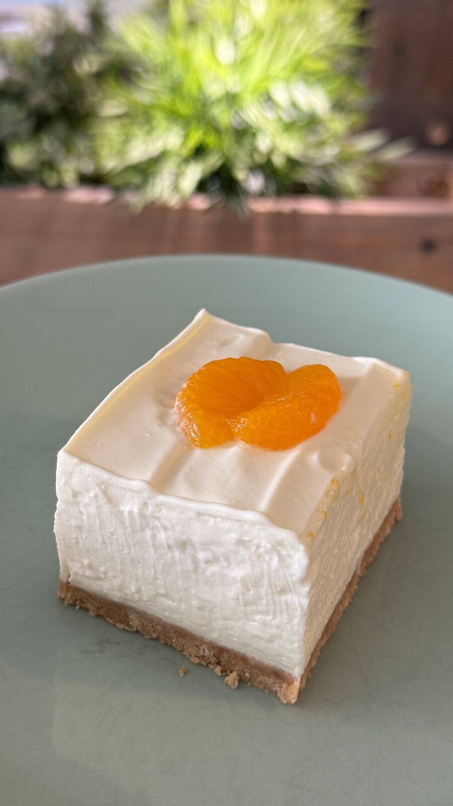 Mandarinen-Käsekuchen auf hellem Teller, unscharfer grüner Hintergrund