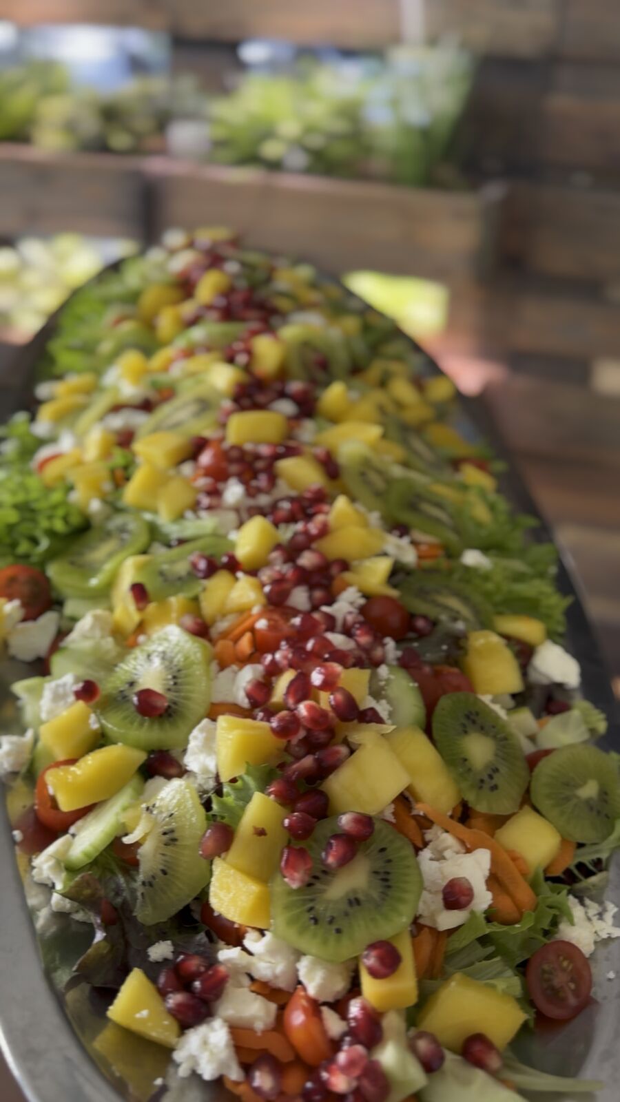 Bunter Salat mit Kiwi, Mango, Granatapfelkernen auf Salatblättern und Feta