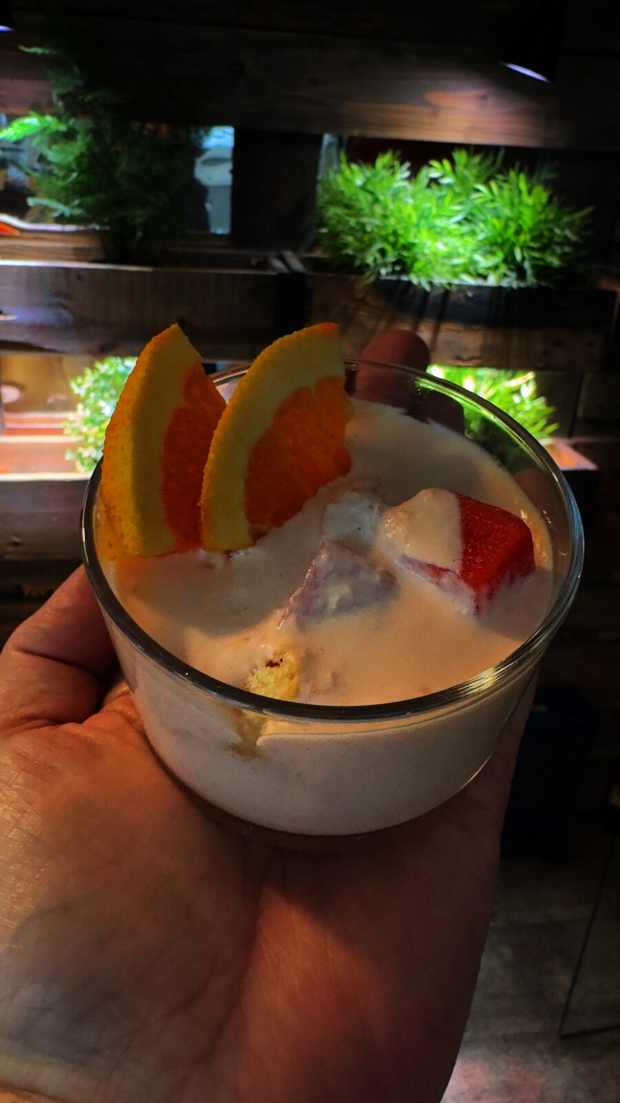 Dessert aus Creme, Obst und Kuchen in einem Glas, garniert mit Orangenscheiben.