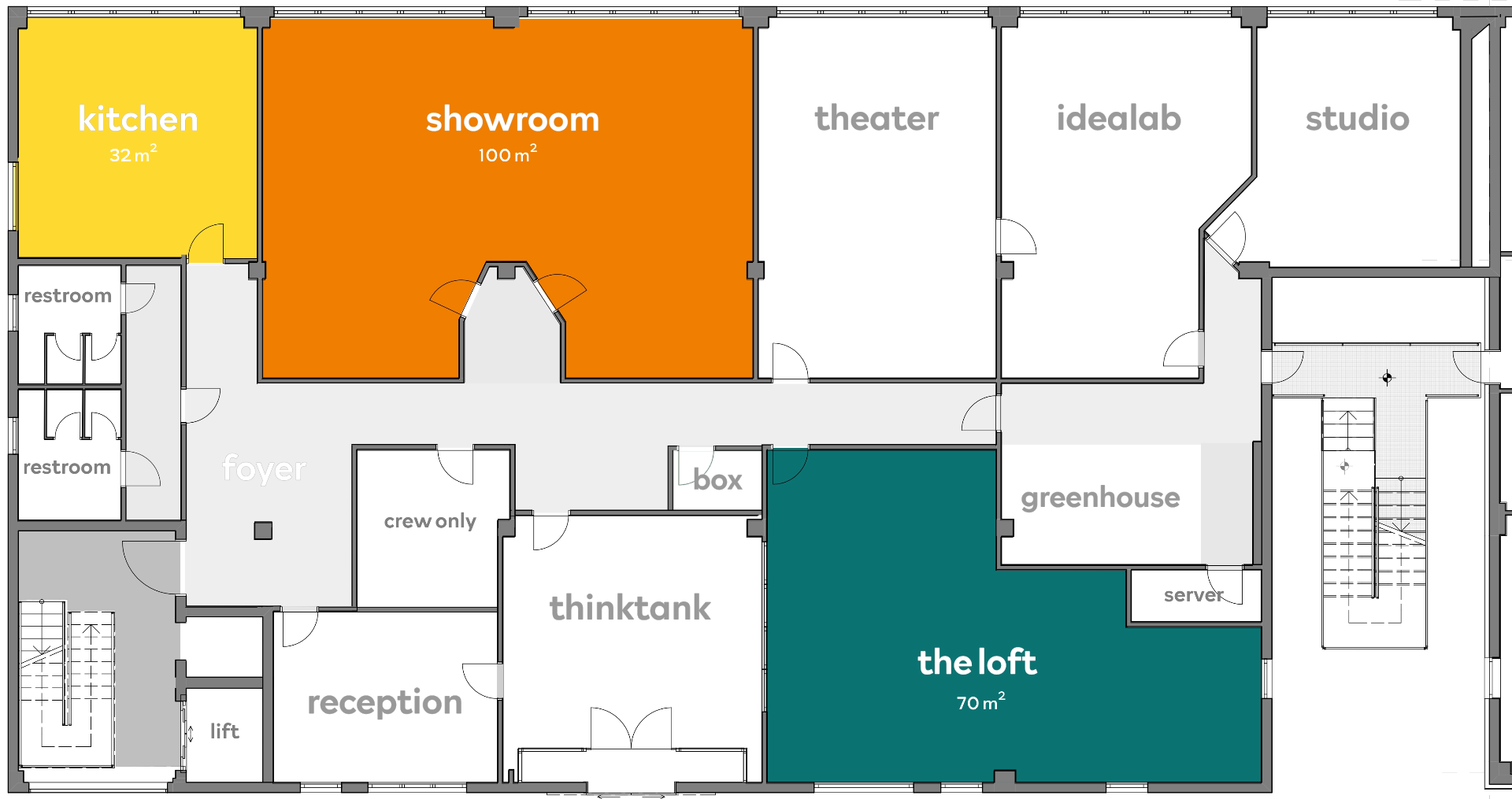 Raumplan showroom + loft + kitchen im Prismeo LAB