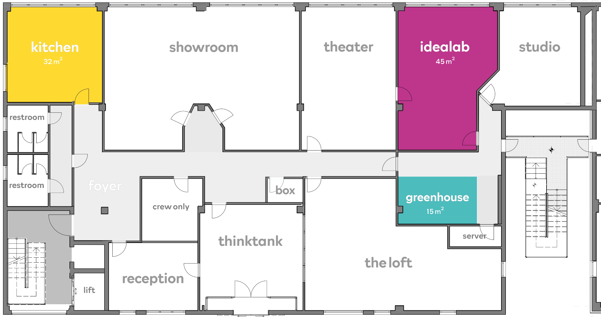 Raumplan idealab + greenhouse + kitchen im Prismeo LAB