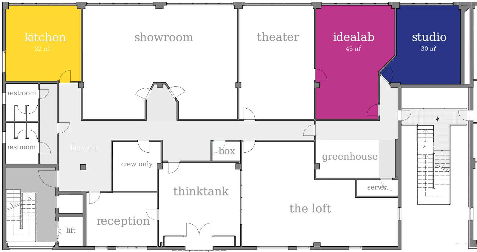Raumplan idealab + studio + kitchen im Prismeo LAB